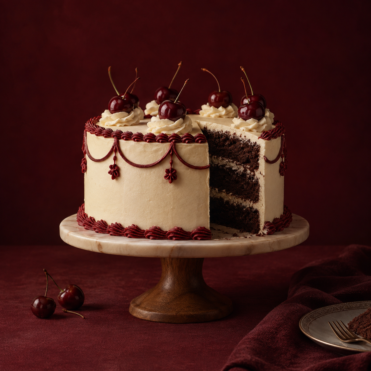 Concept image of a chocolate layer cake with ivory frosting, burgundy piping, and cherries