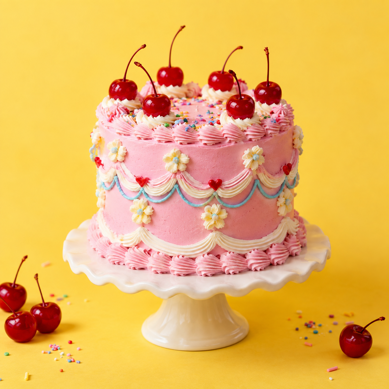 Concept image of a pink celebration cake with piped swags, little daisies, sprinkles, and cherries